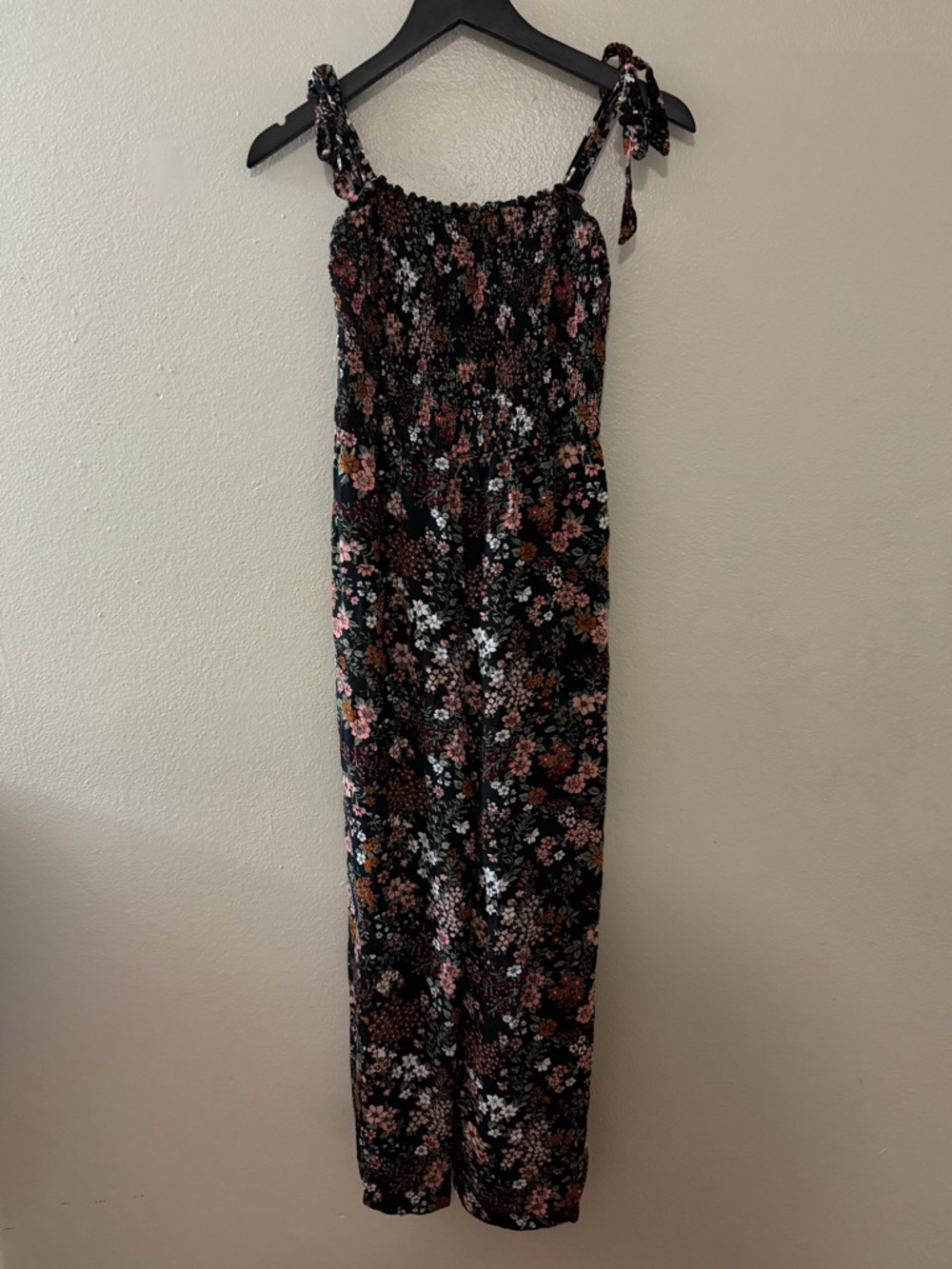 ABERCROMBIE & FITCH Smocked Floral Wide Leg Cropped Jumpsuit Tie Straps Large